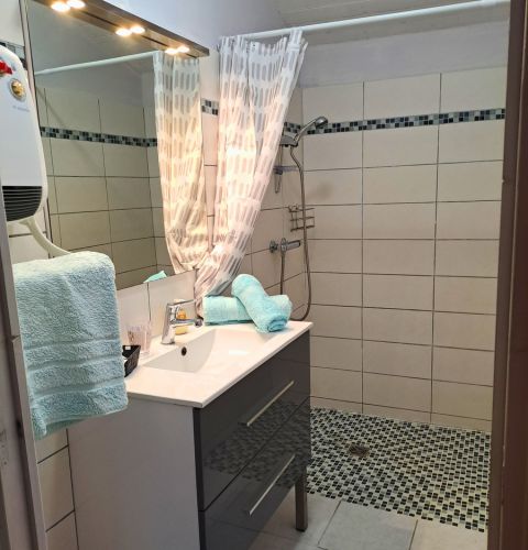Salle de bain privative de la chambre Pressine avec carrelage contemporain, meuble vasque design et douche moderne.